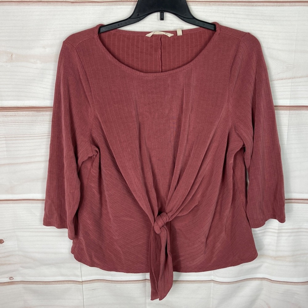 Soft Surroundings Top Womens 1X Red Tie‎ Front Blouse Texture Knit 3/4 Sleeve